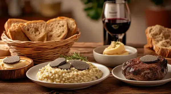Un festin gastronomique avec un risotto crémeux, un steak savoureux et du pain frais, le tout sublimé par la truffe de Bourgogne.