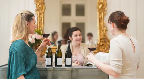 Trois femmes profitent d'une dégustation de vin au Château de Pommard, admirant le contenu de leurs verres.