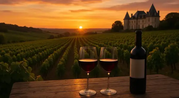Un coucher de soleil doré sur un domaine viticole de Bordeaux, avec deux verres de vin rouge et une bouteille sur une table en bois.