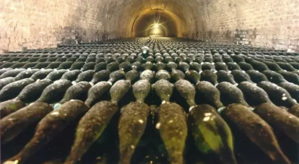 Des milliers de bouteilles de champagne vieillissent dans les caves voûtées de la visite cave Deutz.