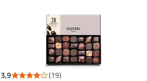 Boîte de 28 chocolats Cluizel, noir et lait. Un aperçu de la qualité qui justifie les avis positifs.