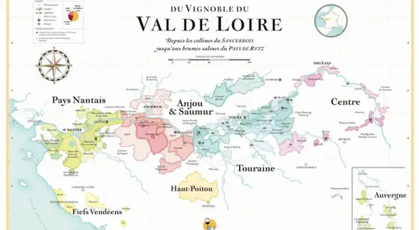 Carte des vins du Val de Loire, des collines du Sancerrois aux brumes salines du Pays de Retz. Explorez les vignobles de Nantes, Anjou, Saumur, Touraine, Centre et Auvergne.