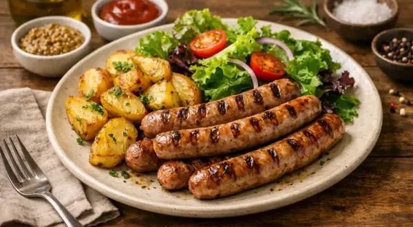 Assiette de chipolatas d'origine française grillées, accompagnées de pommes de terre rôties et d'une salade fraîche.