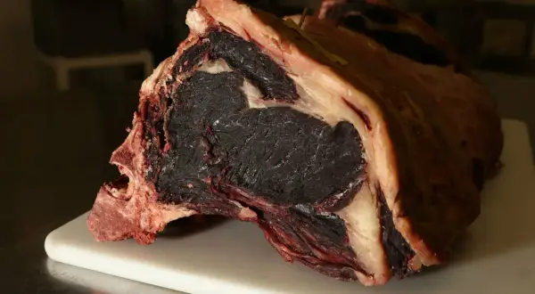 Gros morceau de viande maturée, prêt pour la cuisson. Sa couleur foncée et sa texture fibreuse promettent une saveur intense.