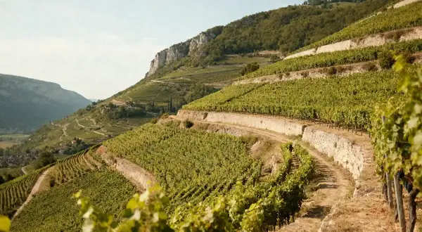 Vignoble en terrasses sur une colline escarpée, évoquant la célèbre cave Côte Rôtie. Le soleil dore les vignes luxuriantes.