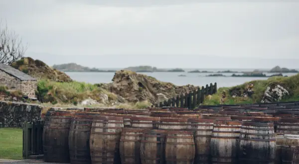 Barils de vieillissement devant une distillerie Écosse, avec la mer et des rochers en arrière-plan.