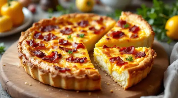 Une quiche lorraine gourmande, dorée et appétissante, avec des lardons croustillants sur son appareil crémeux. Parfaite pour un repas savoureux.