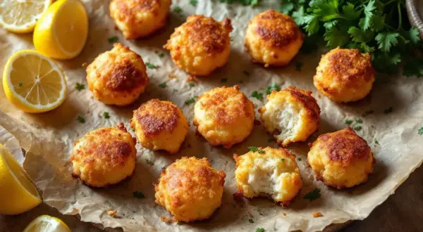 Douze accras de morue antillais dorés et croustillants, parsemés de persil frais, avec des quartiers de citron jaune.