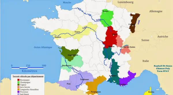 Carte des principaux départements viticoles de France, montrant la diversité de chaque région des vins.