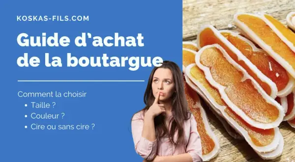 Guide d'achat de la boutargue : une femme réfléchit aux critères de choix (taille, couleur, cire). Gros plan sur des boutargues.