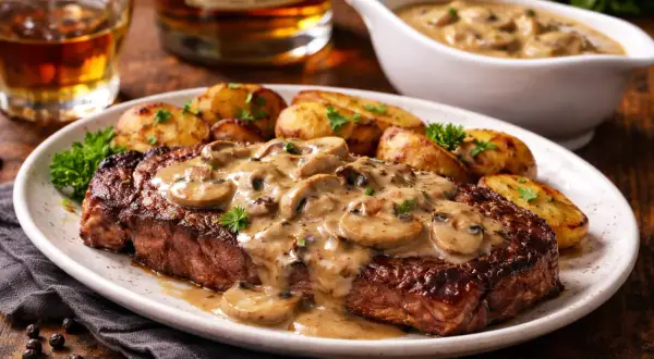 Un steak savoureux nappé d'une sauce crémeuse aux champignons et whisky, accompagné de pommes de terre rôties.