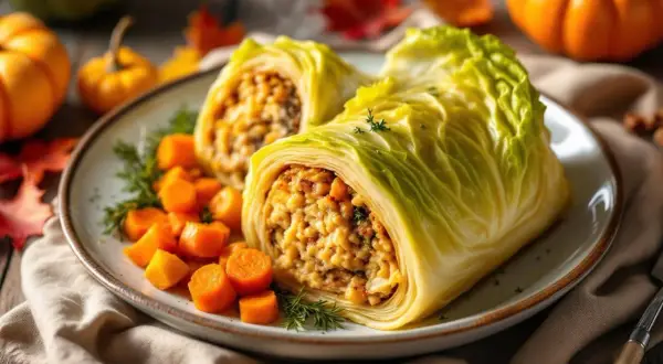 Deux roulés de chou farci, garniture savoureuse, servis avec des dés de carottes et des herbes. Une belle idée pour une recette chou farci d'automne.