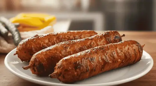 Trois andouillettes grillées sur une assiette blanche.