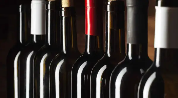 Bouteilles de vin alignées, certaines avec bouchons en liège, d'autres avec capsules. Un aperçu des trésors d'un domaine viticole Roussillon.