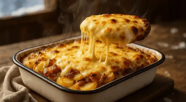 Une portion de vrai tartiflette fumante, avec son fromage fondant qui s'étire. Un plat réconfortant et gourmand.