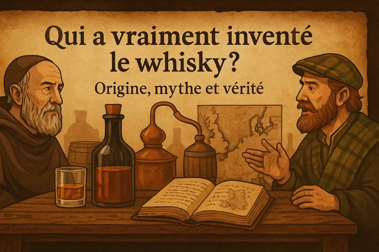 Deux hommes discutent de l'origine du whisky, avec un alambic, une bouteille et un livre ouvert sur une carte.