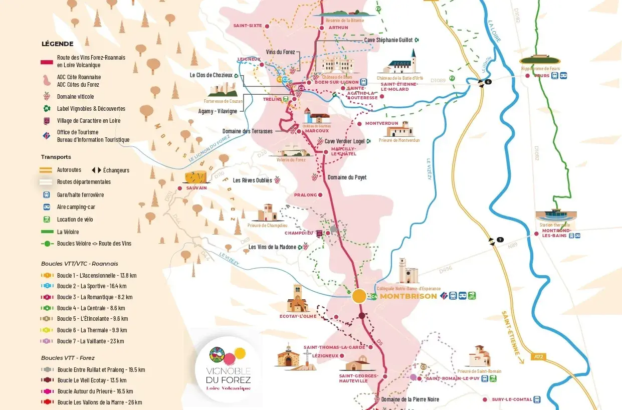 Carte de la route des vins en Loire Volcanique, avec des domaines viticoles, villages et boucles VTT/vélo.