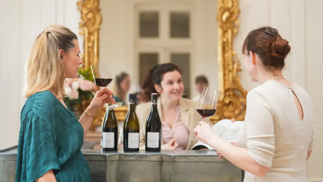 Trois femmes profitent d'une dégustation de vin au Château de Pommard, admirant le contenu de leurs verres.
