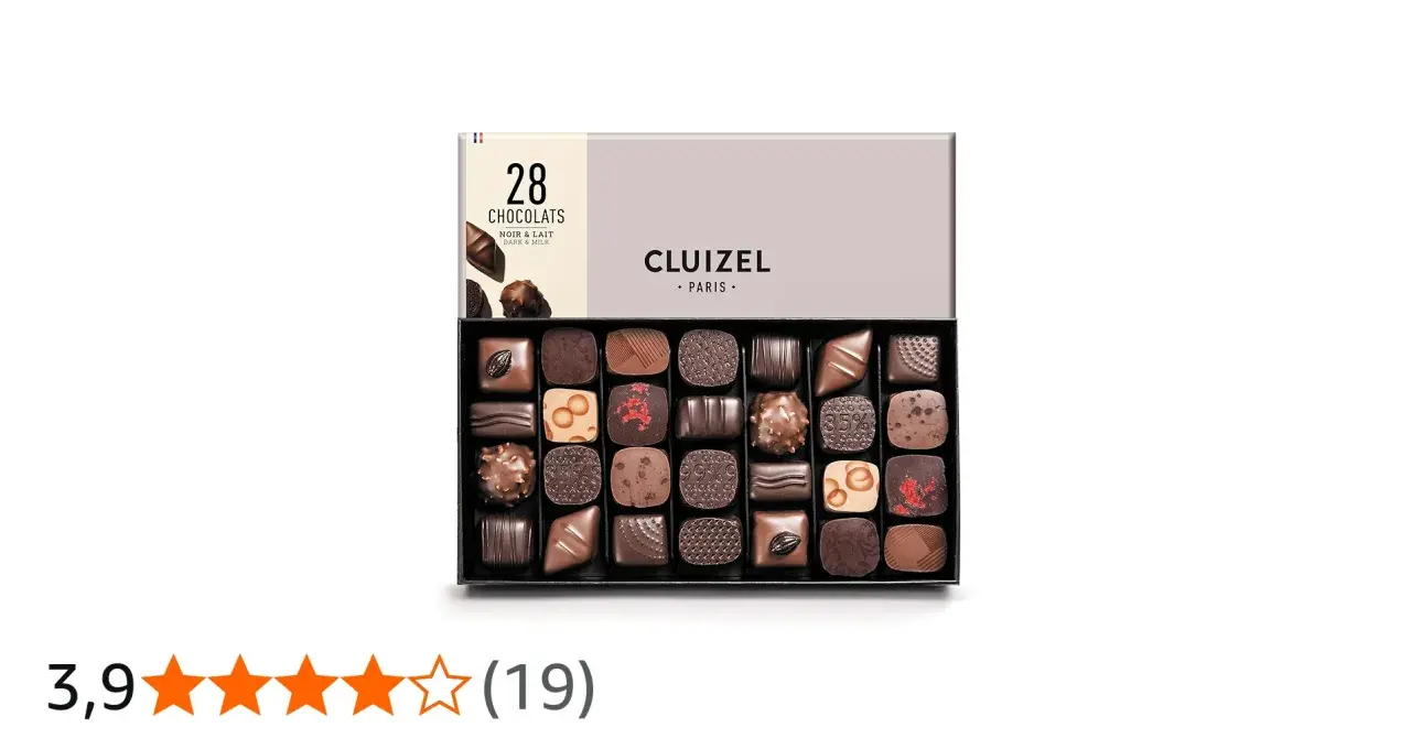 Boîte de 28 chocolats Cluizel, noir et lait. Un aperçu de la qualité qui justifie les avis positifs.