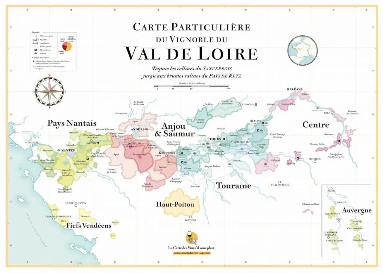 Carte des vins du Val de Loire, des collines du Sancerrois aux brumes salines du Pays de Retz. Explorez les vignobles de Nantes, Anjou, Saumur, Touraine, Centre et Auvergne.