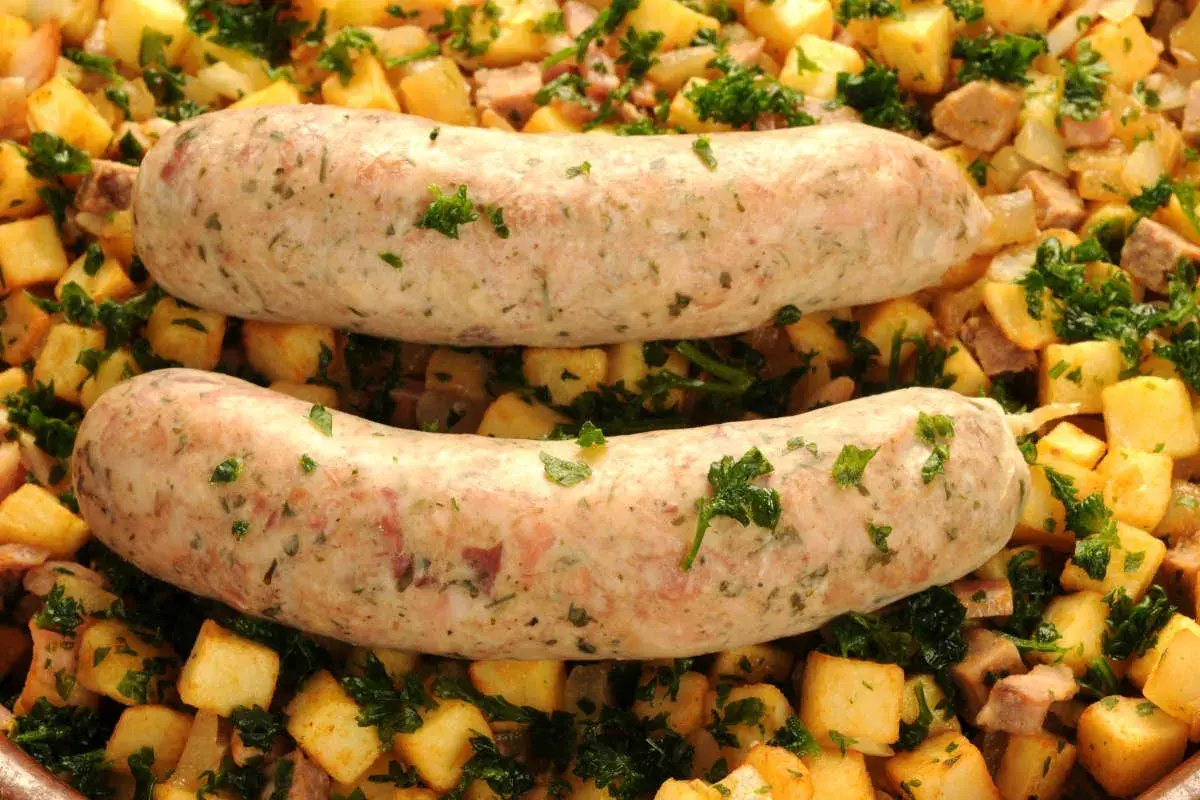 Deux andouillettes au four, dorées et savoureuses, reposent sur un lit de pommes de terre sautées et de persil frais. Un plat réconfortant prêt à être dégusté.