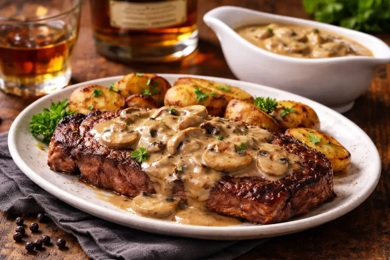 Un steak savoureux nappé d'une sauce crémeuse aux champignons et whisky, accompagné de pommes de terre rôties.