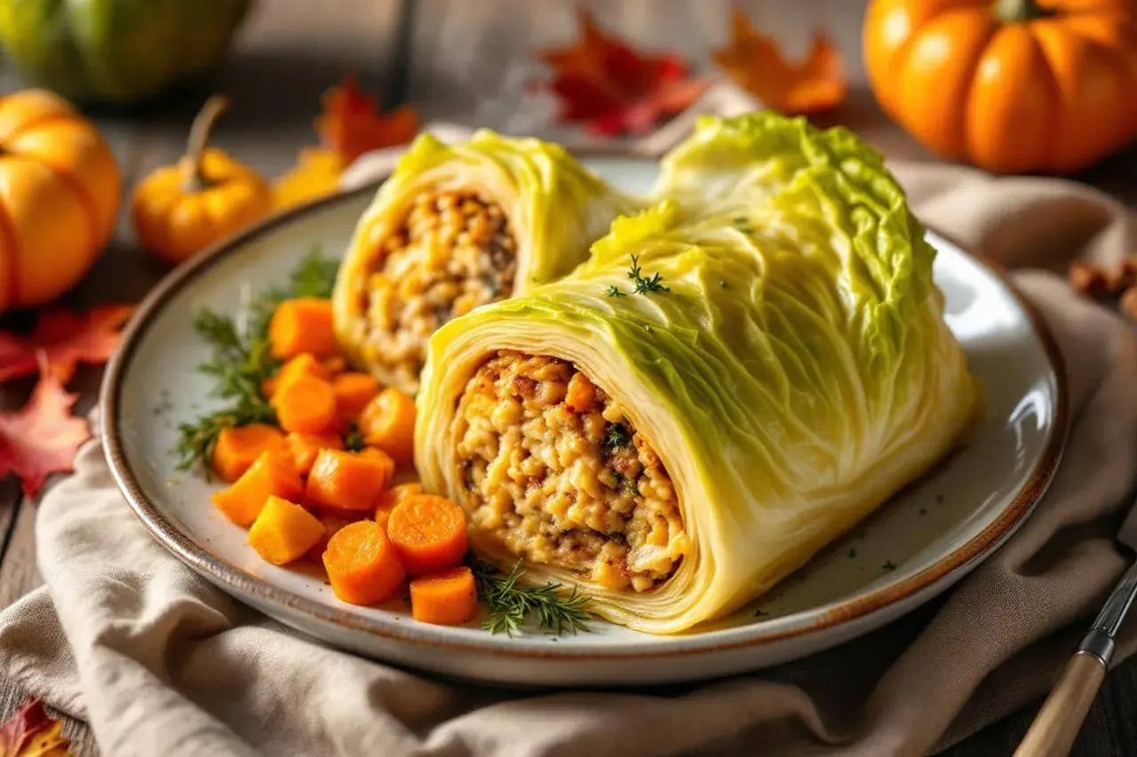 Deux roulés de chou farci, garniture savoureuse, servis avec des dés de carottes et des herbes. Une belle idée pour une recette chou farci d'automne.