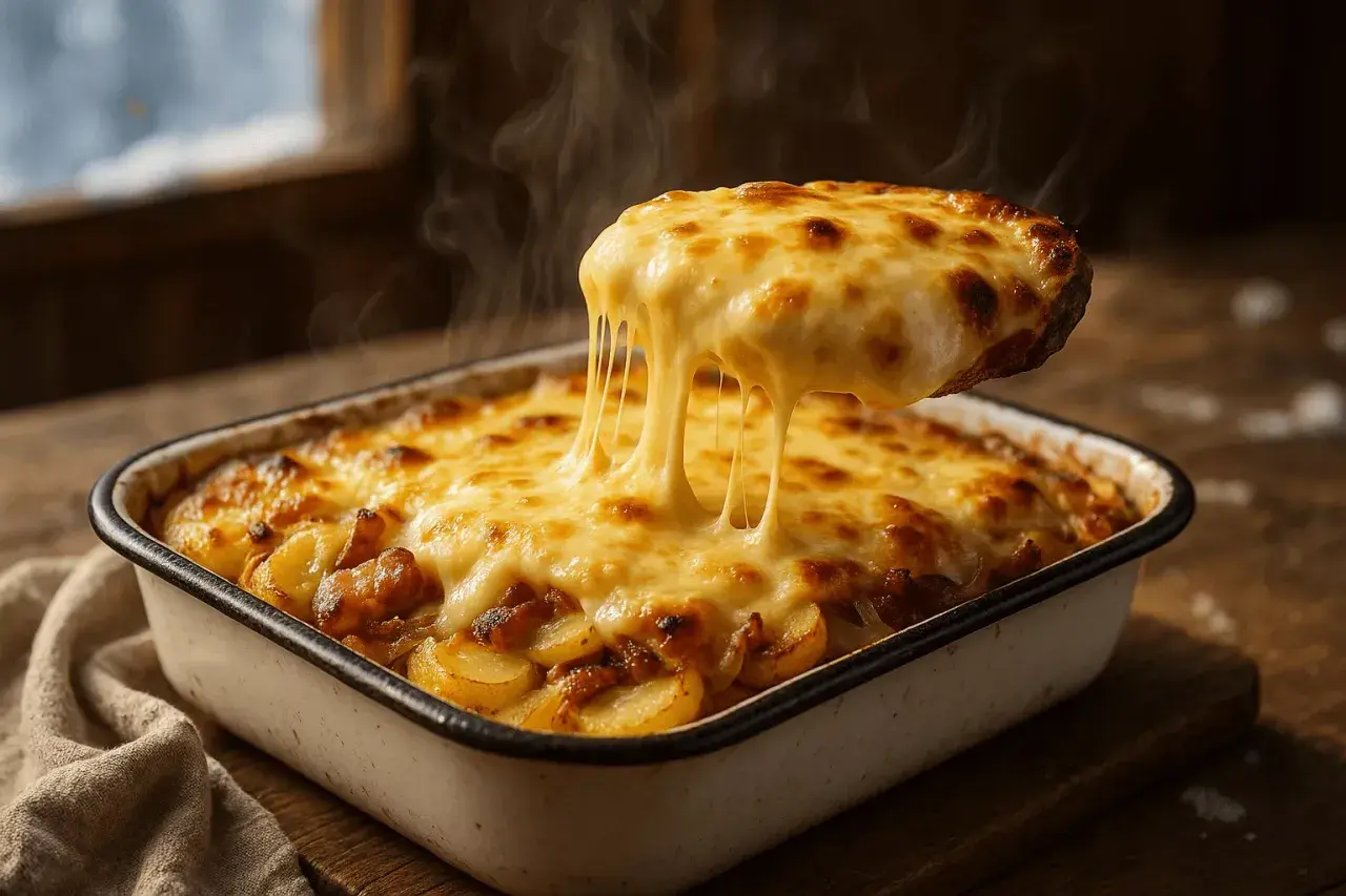 Une portion de vrai tartiflette fumante, avec son fromage fondant qui s'étire. Un plat réconfortant et gourmand.