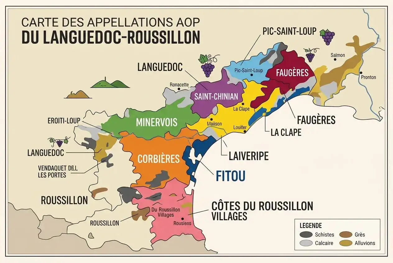 Carte des appellations AOP du Languedoc-Roussillon, montrant les différentes zones viticoles comme Minervois, Corbières, Fitou et Côtes du Roussillon.
