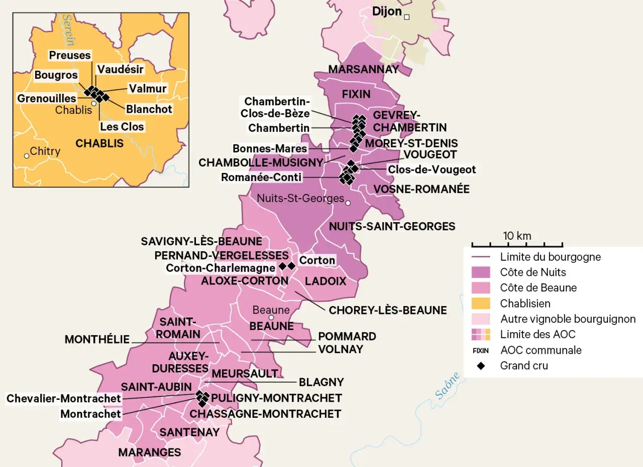 Carte des vignobles du domaine de Bourgogne, montrant les appellations de la C&ocirc;te de Nuits, C&ocirc;te de Beaune et Chablisien.
