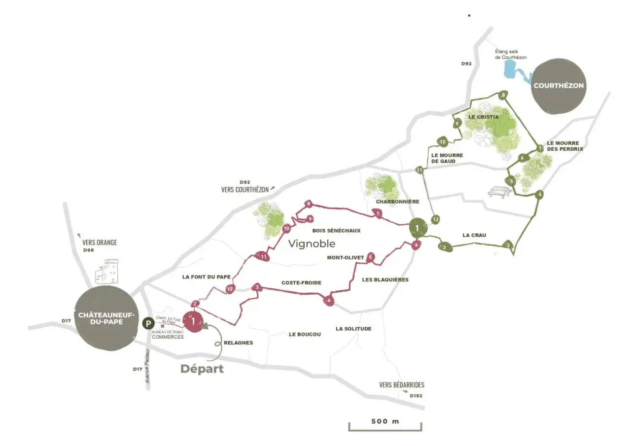 Carte des sentiers de la route des vins de Châteauneuf-du-Pape, avec des points d'intérêt comme le vignoble et les lieux-dits.