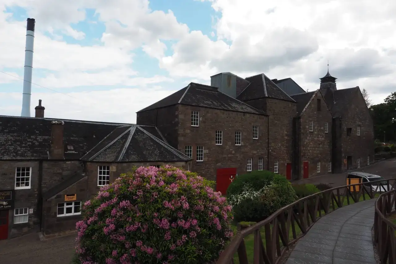 Bâtiments en pierre de la distillerie Glenmorangie sous un ciel nuageux, avec un grand rhododendron rose en premier plan.