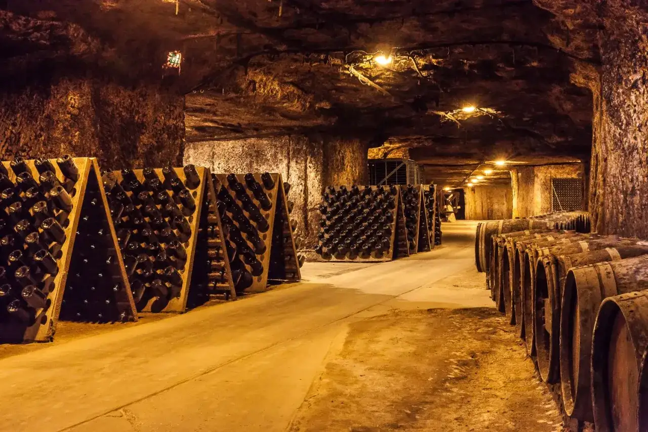 Cave de vieillissement de la maison Lacheteau, remplie de bouteilles de vin sur des pupitres et de vieux tonneaux en bois.