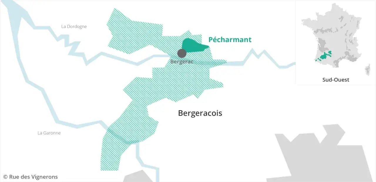 Carte du vignoble de Bergerac, montrant la zone de P&eacute;charmant, pr&egrave;s de la Dordogne et de la Garonne.