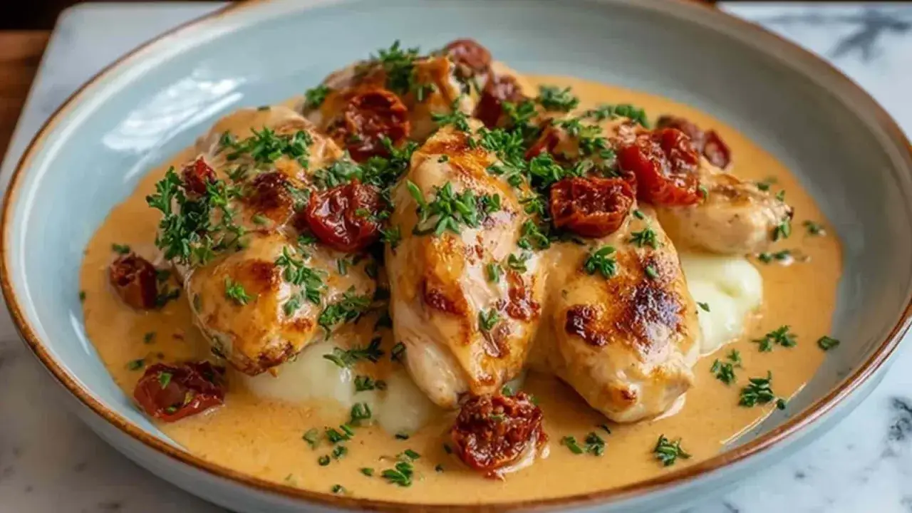 Poulet fondant napp&eacute; d'une onctueuse sauce chorizo, garni de tomates s&eacute;ch&eacute;es et de persil frais, servi sur une pur&eacute;e cr&eacute;meuse.