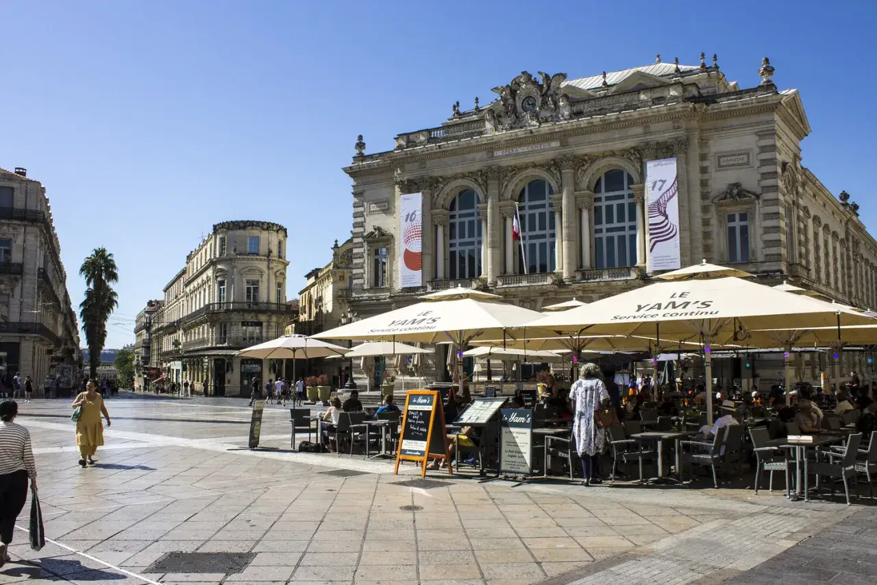 Terrasse animée devant l'Opéra Comédie de Montpellier, idéale pour une dégustation vin.