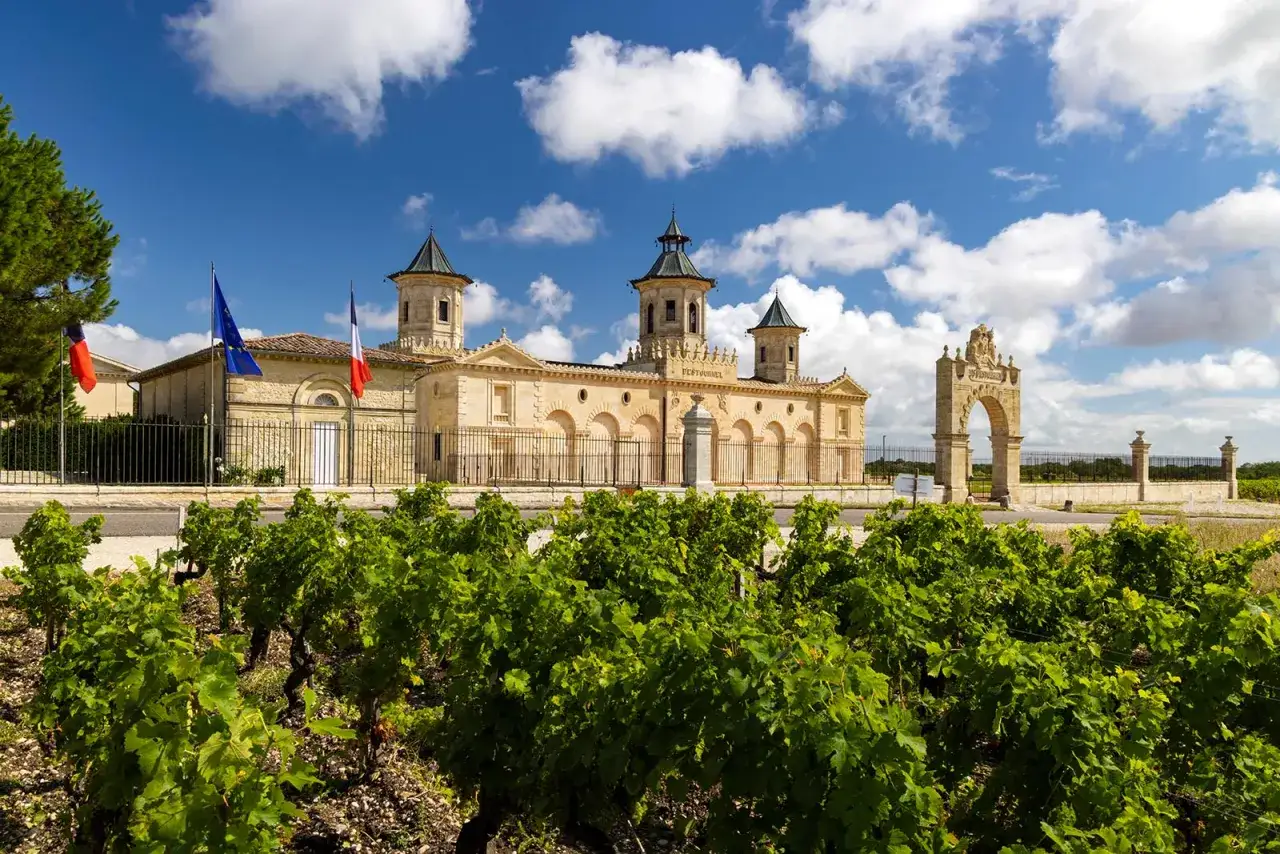 Vignoble verdoyant devant la cave Saint-Estèphe, un château de pierre aux tours imposantes sous un ciel bleu et nuageux.