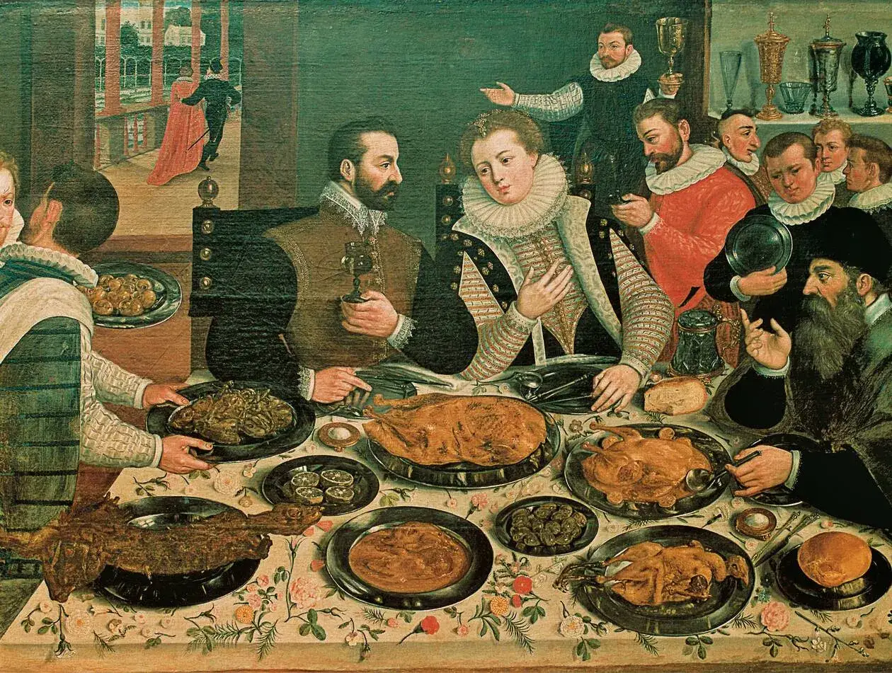 Un festin somptueux, t&eacute;moin de l'histoire de la cuisine. Des plats riches, des convives &eacute;l&eacute;gants, une sc&egrave;ne de banquet d'&eacute;poque.