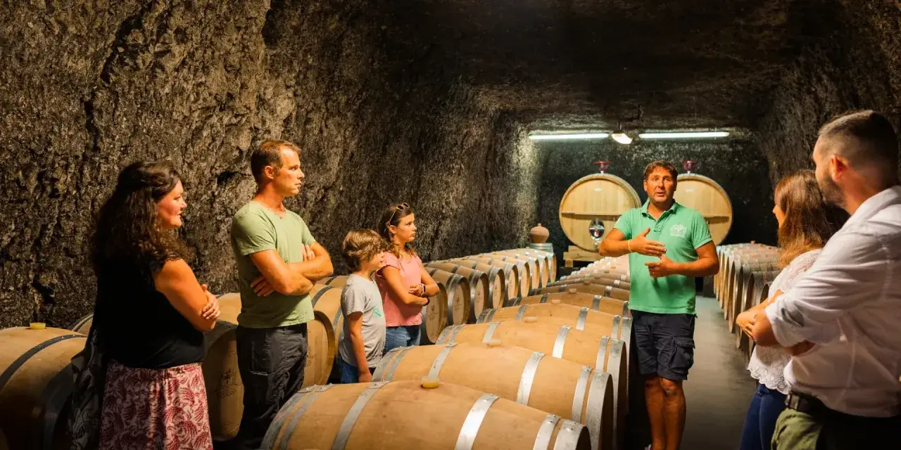 Visite d'une cave troglodyte en Touraine pour une dégustation vin. Un guide explique le processus de vieillissement aux visiteurs entourés de fûts de chêne.