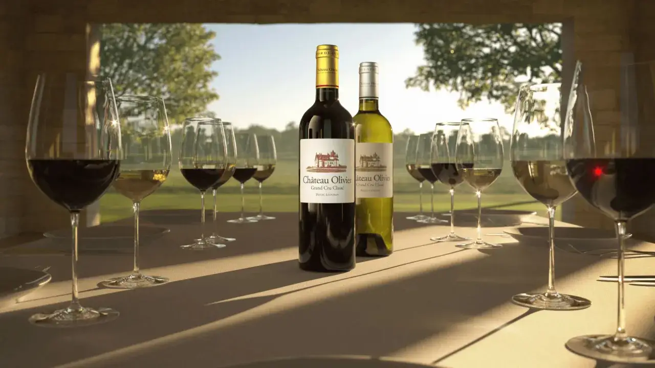 Bouteilles de vin rouge et blanc Château Olivier, prêtes pour une dégustation Pessac-Léognan, entourées de verres sur une table dressée en extérieur.