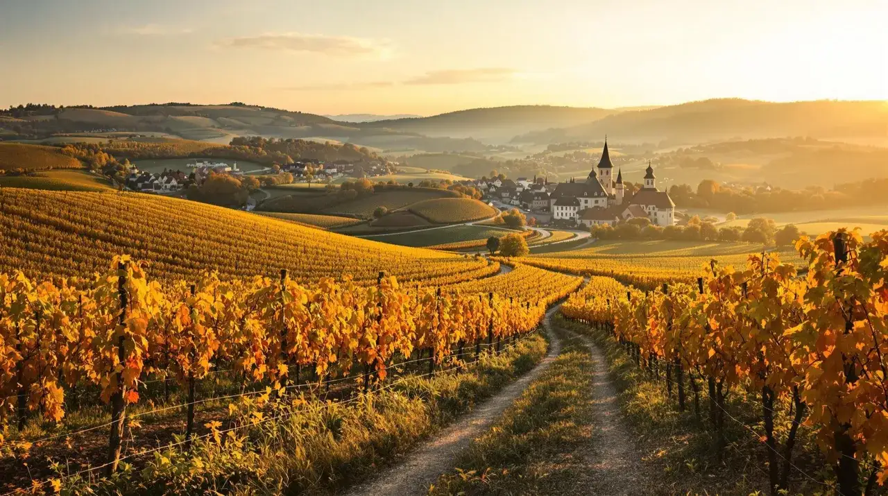 Paysage de vignobles dorés à l'automne, avec un village pittoresque et des collines en arrière-plan. Idéal pour le tourisme viticole.