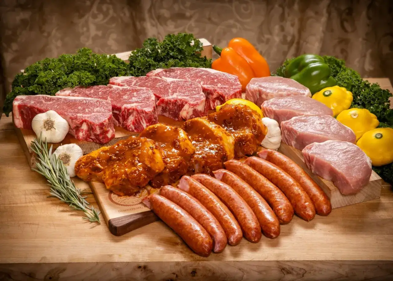 Un assortiment de viandes crues et marin&eacute;es, incluant des steaks, des c&ocirc;telettes de porc, des saucisses, du poulet, des l&eacute;gumes et des herbes. Un aper&ccedil;u des 10 meilleurs viandes du monde.