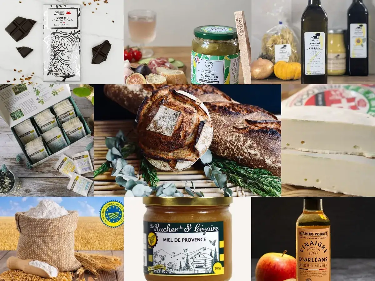 Assortiment de produits de luxe alimentaire : chocolat noir, pain artisanal, miel de Provence, vinaigre d'Orl&eacute;ans, fromage, tisanes, confiture de cornichons.