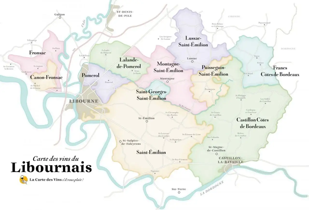 Carte des vins du Libournais, montrant les appellations de ce domaine viticole bordelais : Pomerol, Saint-&Eacute;milion, Fronsac, Lalande-de-Pomerol, etc.