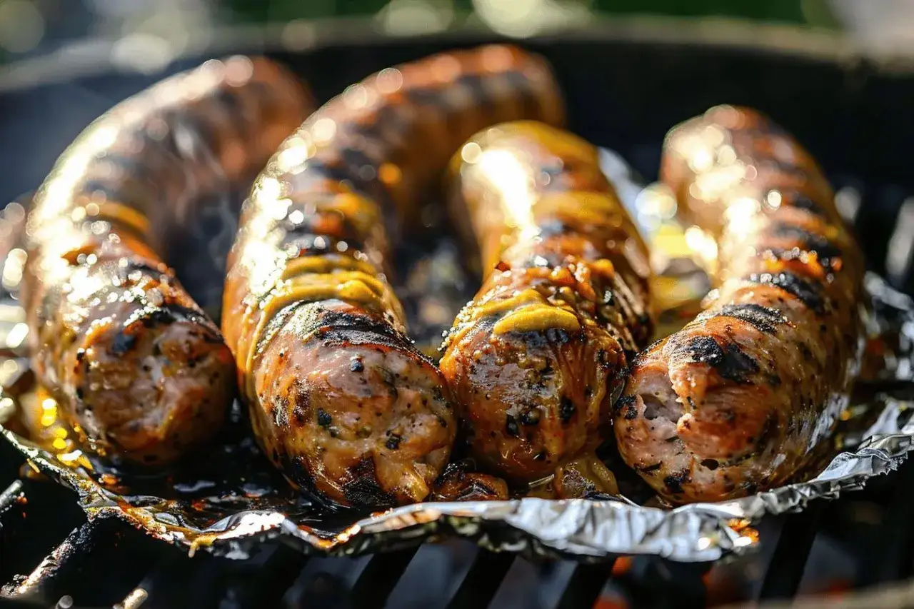 Quatre andouillettes grill&eacute;es au barbecue, dor&eacute;es et juteuses, avec des marques de cuisson app&eacute;tissantes.