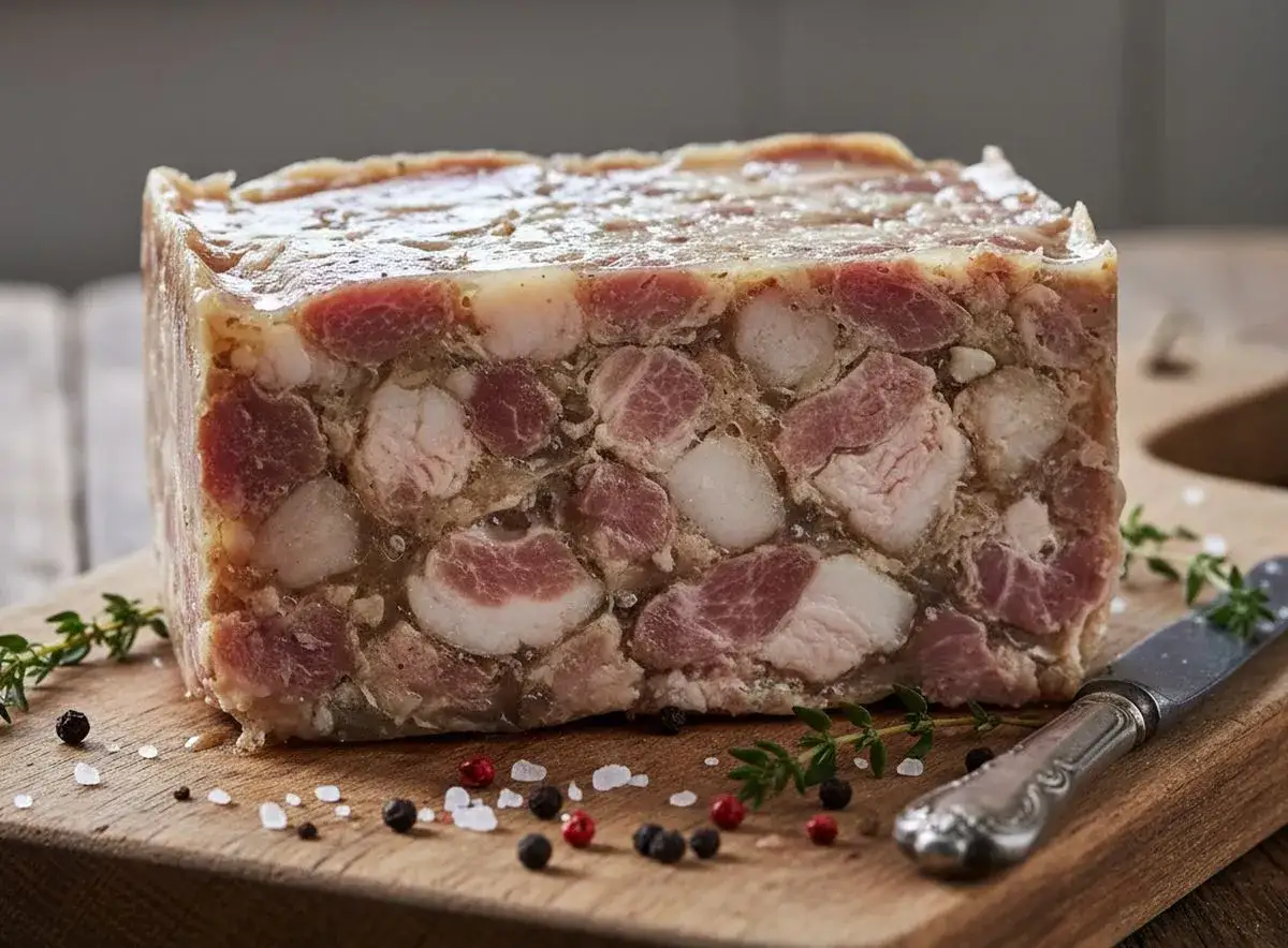 Un bloc de t&ecirc;te de porc, pr&ecirc;t &agrave; &ecirc;tre d&eacute;gust&eacute;. Une recette traditionnelle pour un plat savoureux.