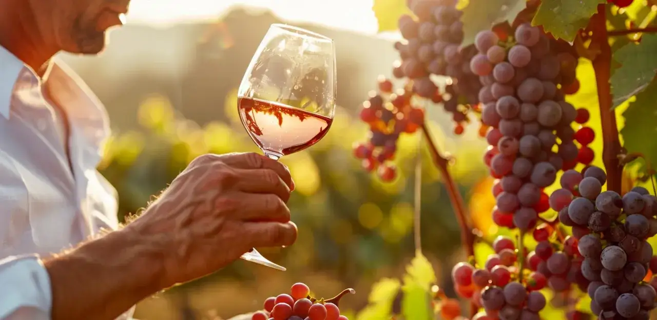 Un homme savoure un verre de vin rosé au coucher du soleil, entouré de vignes chargées de raisins. Une belle image pour une visite au chateau Pomerol.
