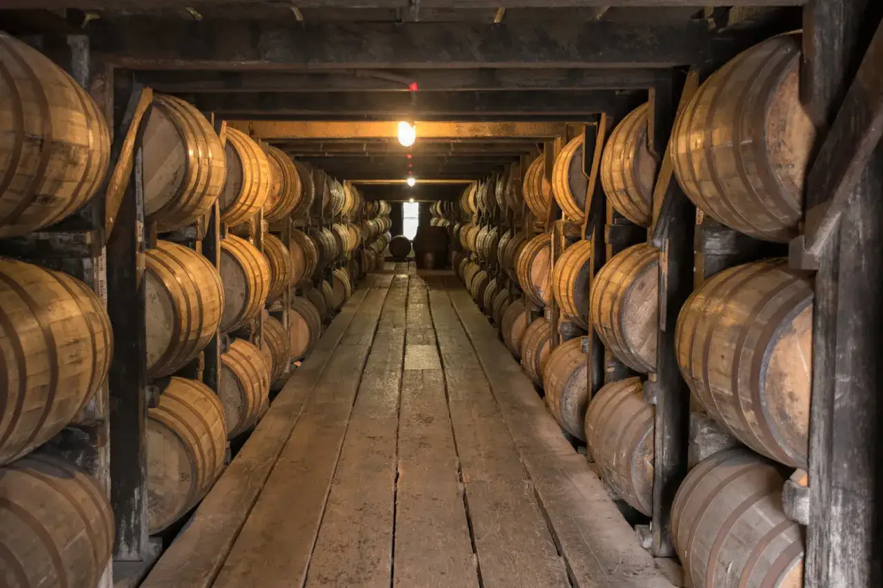 Allées de fûts en chêne dans un chai, prêts à vieillir le whiskey ou le bourbon.