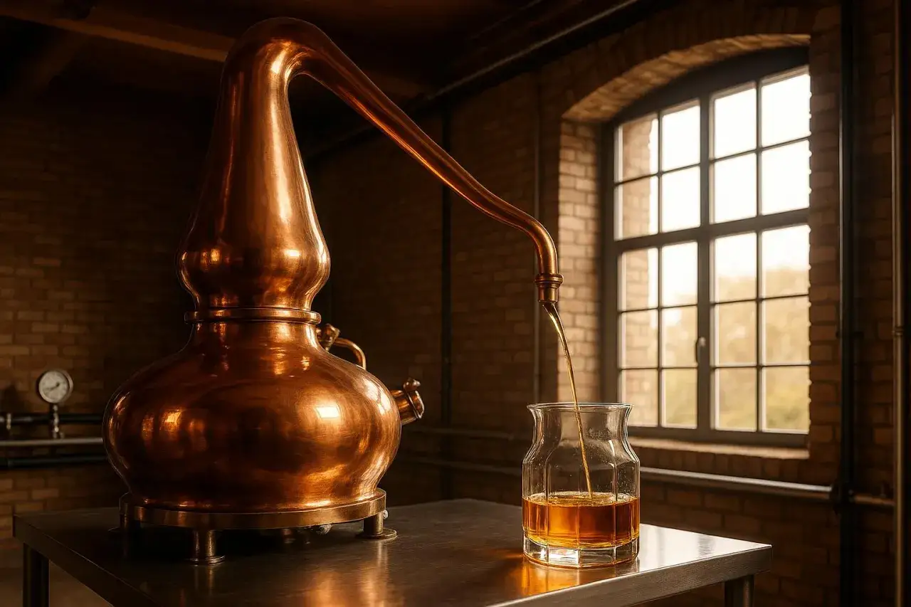 Alambic en cuivre distillant un liquide doré dans un verre, évoquant l'origine du whisky dans une distillerie rustique.