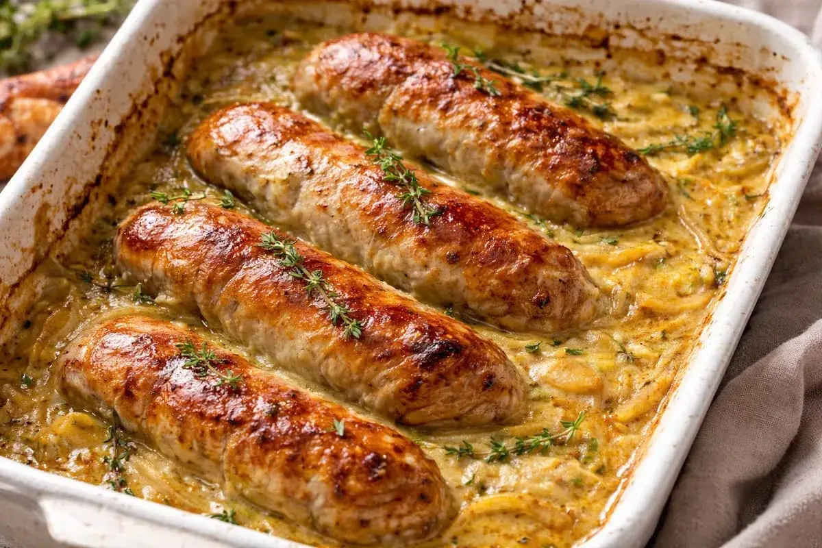 Quatre andouillettes dorées mijotent dans une sauce crémeuse aux herbes, prêtes à être dégustées. Un plat réconfortant et savoureux.